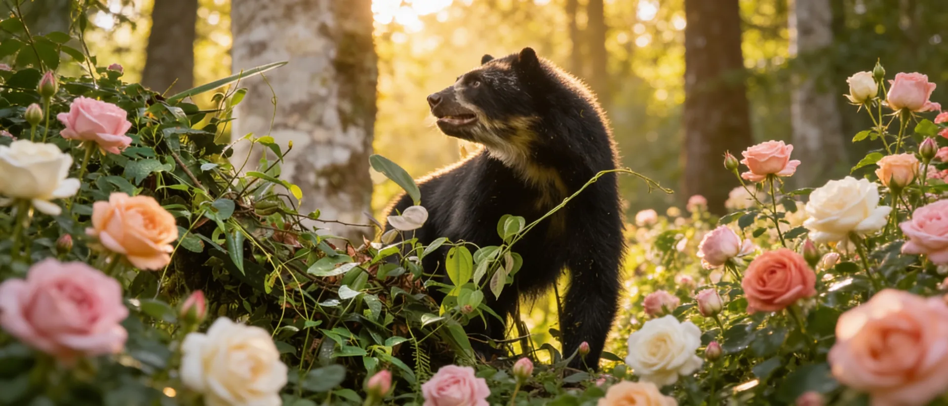 Oso de anteojos entre rosales al atardecer
