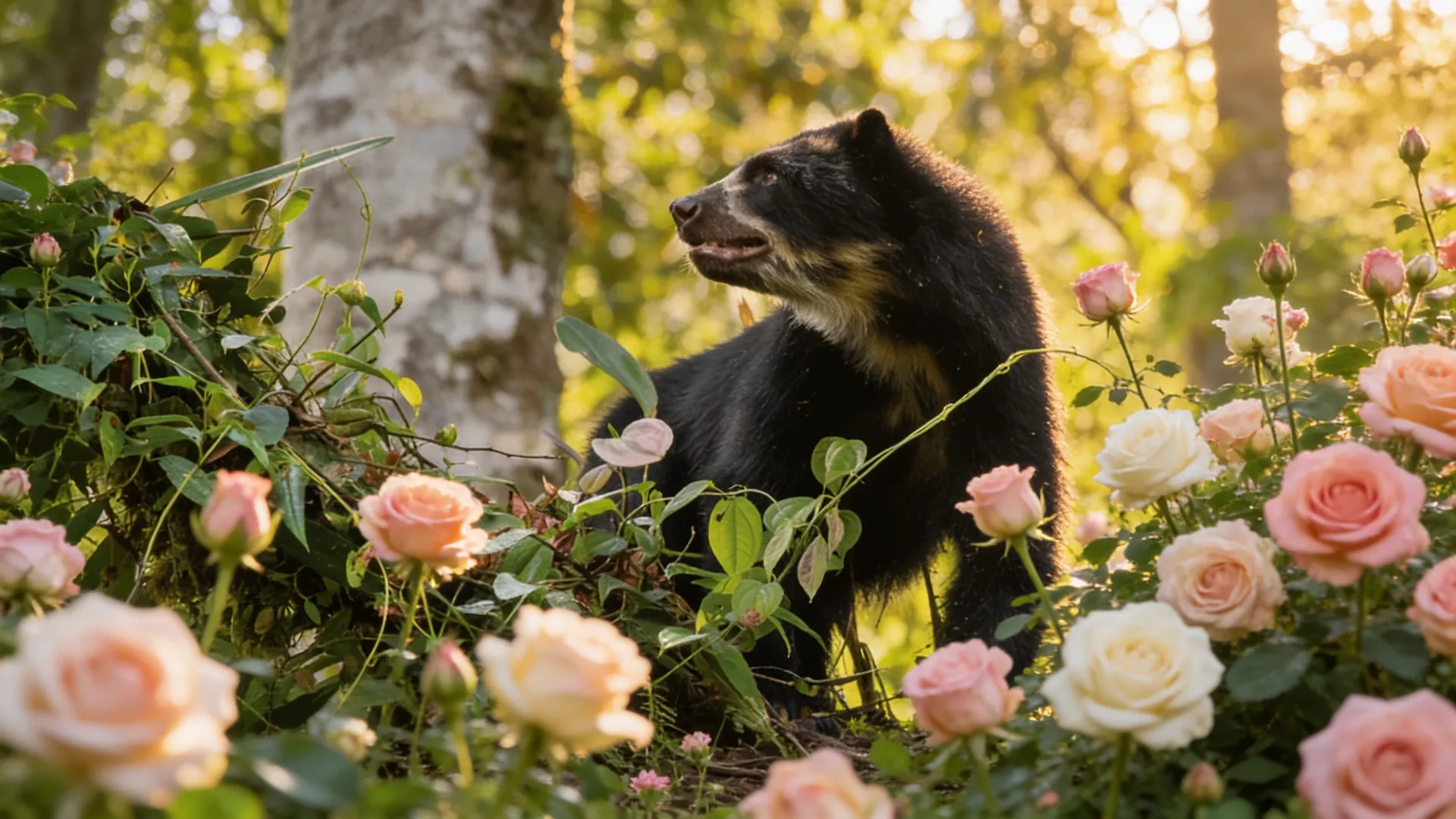 Oso de anteojos entre rosales en flor